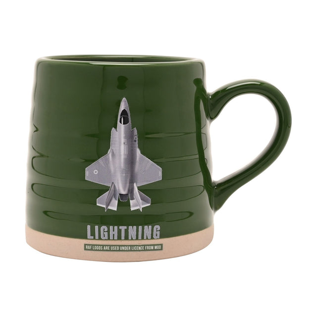 Green ribbed stoneware mug with a grey F-35B Lightning jet graphic and "LIGHTNING" text, beige base band, and green handle, on a white background.