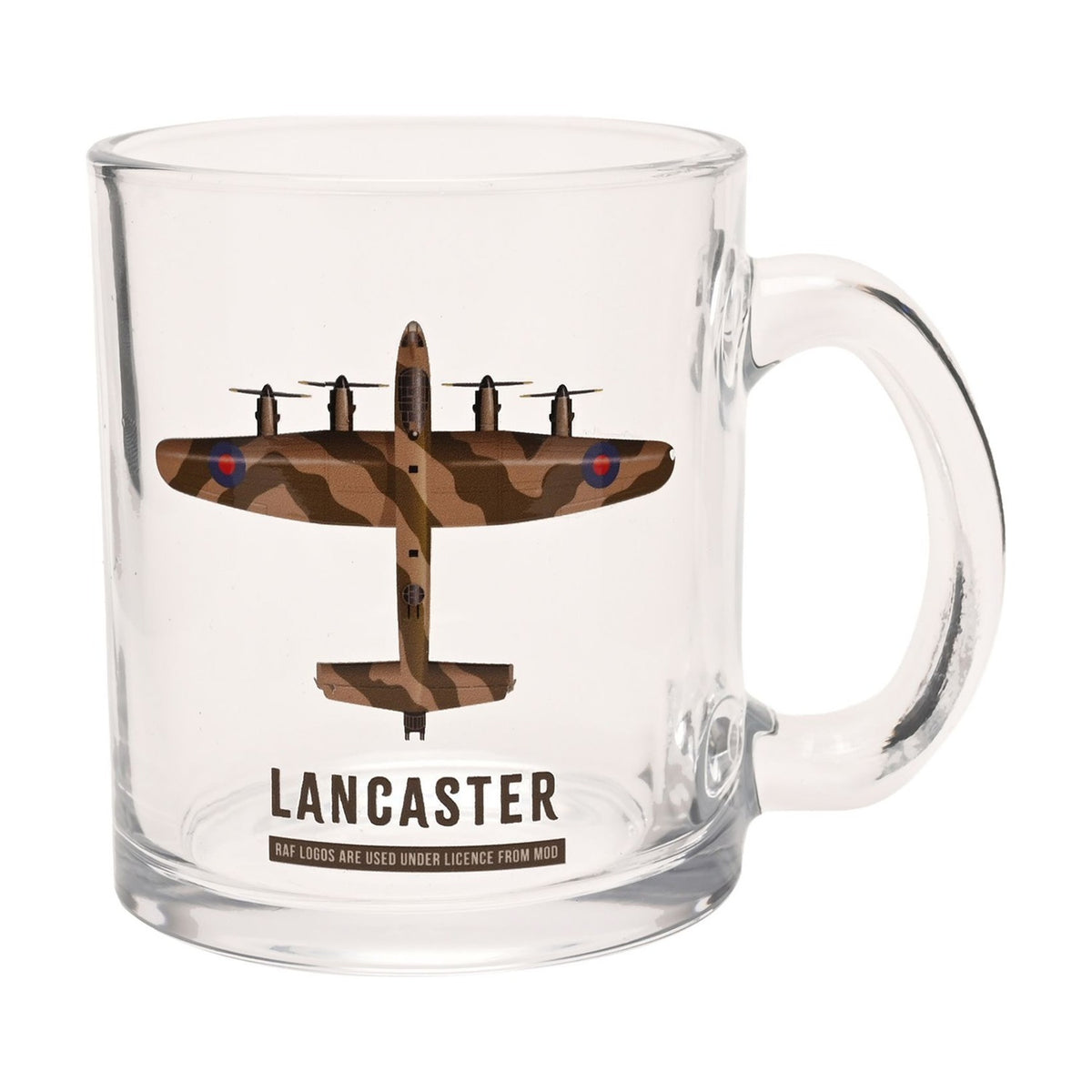 Clear glass mug, 10oz, printed with a camouflage Lancaster bomber viewed from above, brown and tan tones with blue and red wing roundels, LANCASTER text below, on a white background.