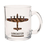 Clear glass mug, 10oz, printed with a camouflage Lancaster bomber viewed from above, brown and tan tones with blue and red wing roundels, LANCASTER text below, on a white background.