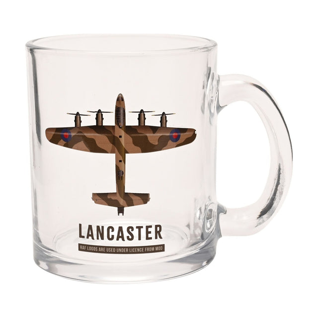 Clear glass mug, 10oz, printed with a camouflage Lancaster bomber viewed from above, brown and tan tones with blue and red wing roundels, LANCASTER text below, on a white background.