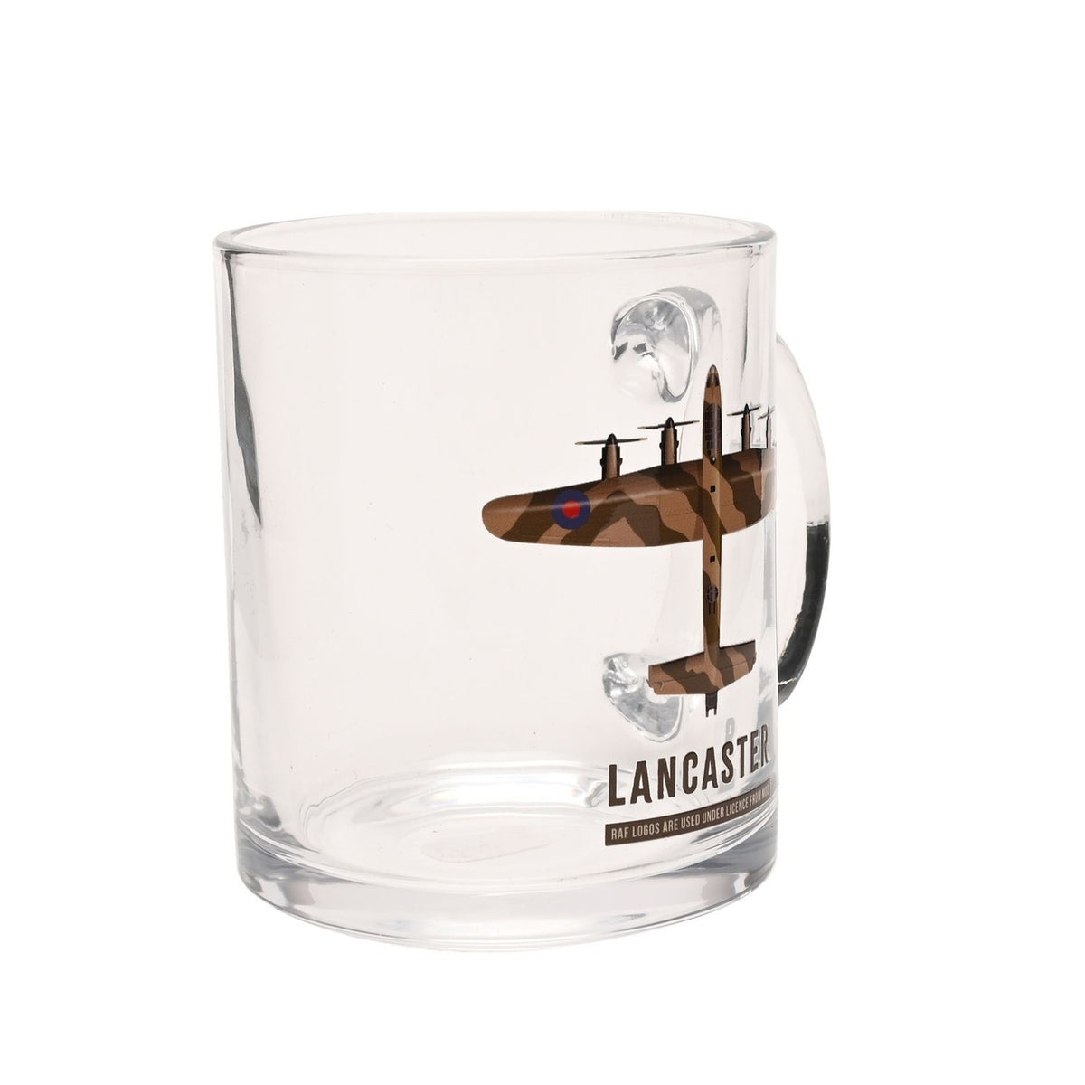 Clear glass mug with a camouflage print of the Lancaster bomber viewed from above, wing roundels in blue and red, and "LANCASTER" printed below, shown on a plain white background.
