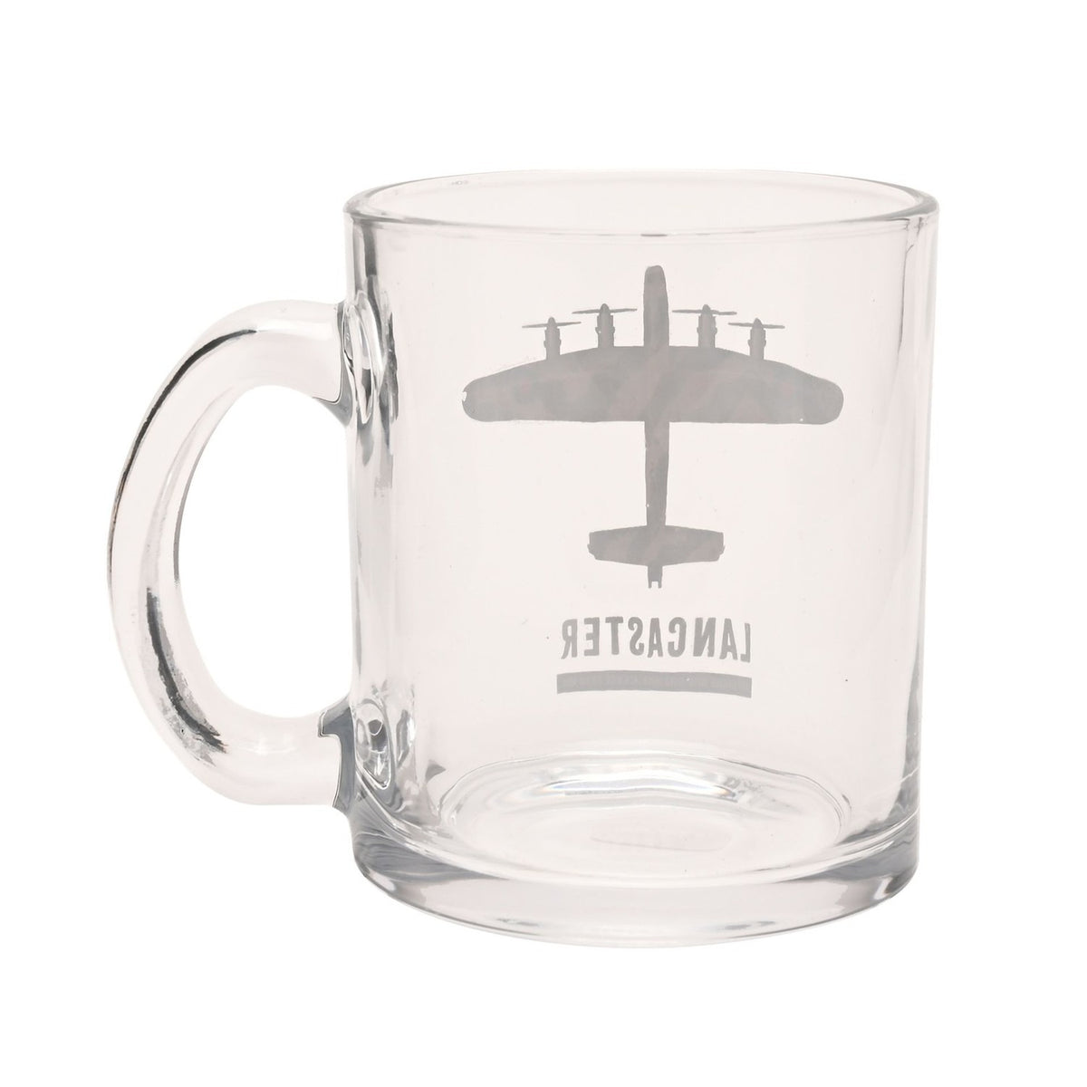 Clear glass mug, 10oz, with a grey top-down print of a Lancaster bomber and "LANCASTER" text, loop handle, shown on a plain white background.