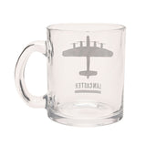 Clear glass mug, 10oz, with a grey top-down print of a Lancaster bomber and "LANCASTER" text, loop handle, shown on a plain white background.