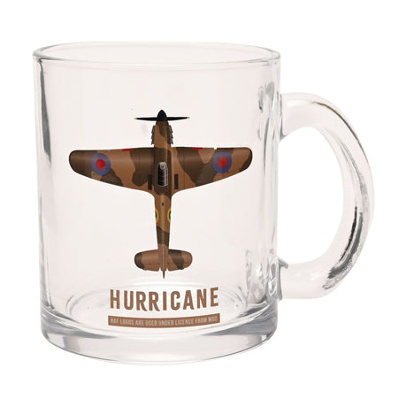 Clear glass mug with a top-down Hurricane fighter plane print in brown camouflage, red and blue roundels, and "HURRICANE" text, shown on a plain white background.