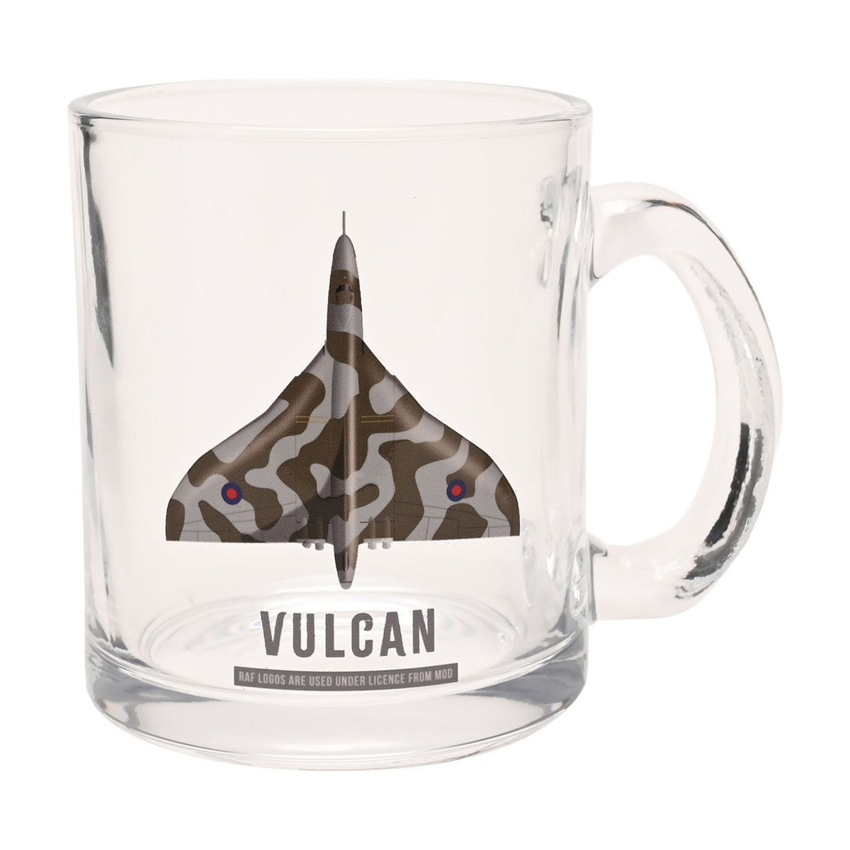 Clear glass mug with a printed top-down Vulcan delta wing aircraft in brown and grey camouflage, wing roundels, and "VULCAN" text, shown on a white background.