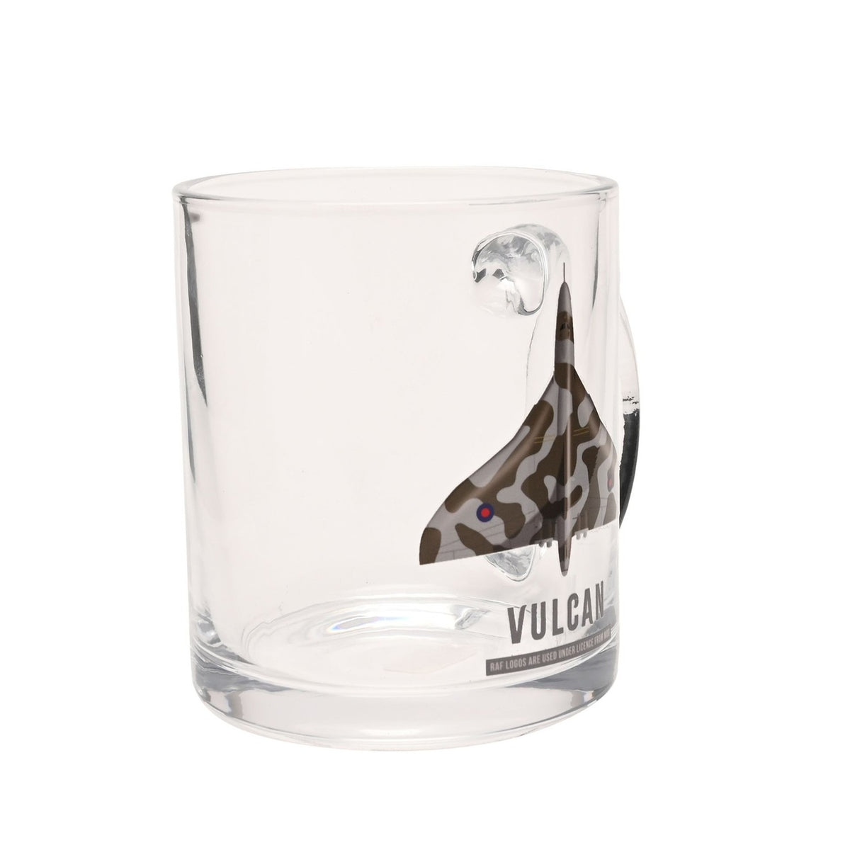 Clear glass mug, 10oz, printed with a camouflage Vulcan delta wing aircraft seen from above and "VULCAN" in grey capitals, shown on a plain white background.
