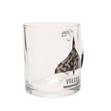 Clear glass mug, 10oz, printed with a camouflage Vulcan delta wing aircraft seen from above and "VULCAN" in grey capitals, shown on a plain white background.