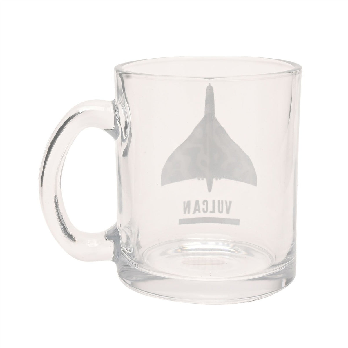 Clear glass mug with a delta wing Vulcan aircraft design and "VULCAN" printed in grey beneath it, shown on a plain white background.