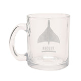 Clear glass mug with a delta wing Vulcan aircraft design and "VULCAN" printed in grey beneath it, shown on a plain white background.