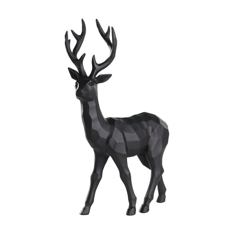 Ransiki Stag Ornament 44cm in black polyresin with faceted, angular surfaces, branching antlers, and one foreleg stepping forward, on a plain white background.