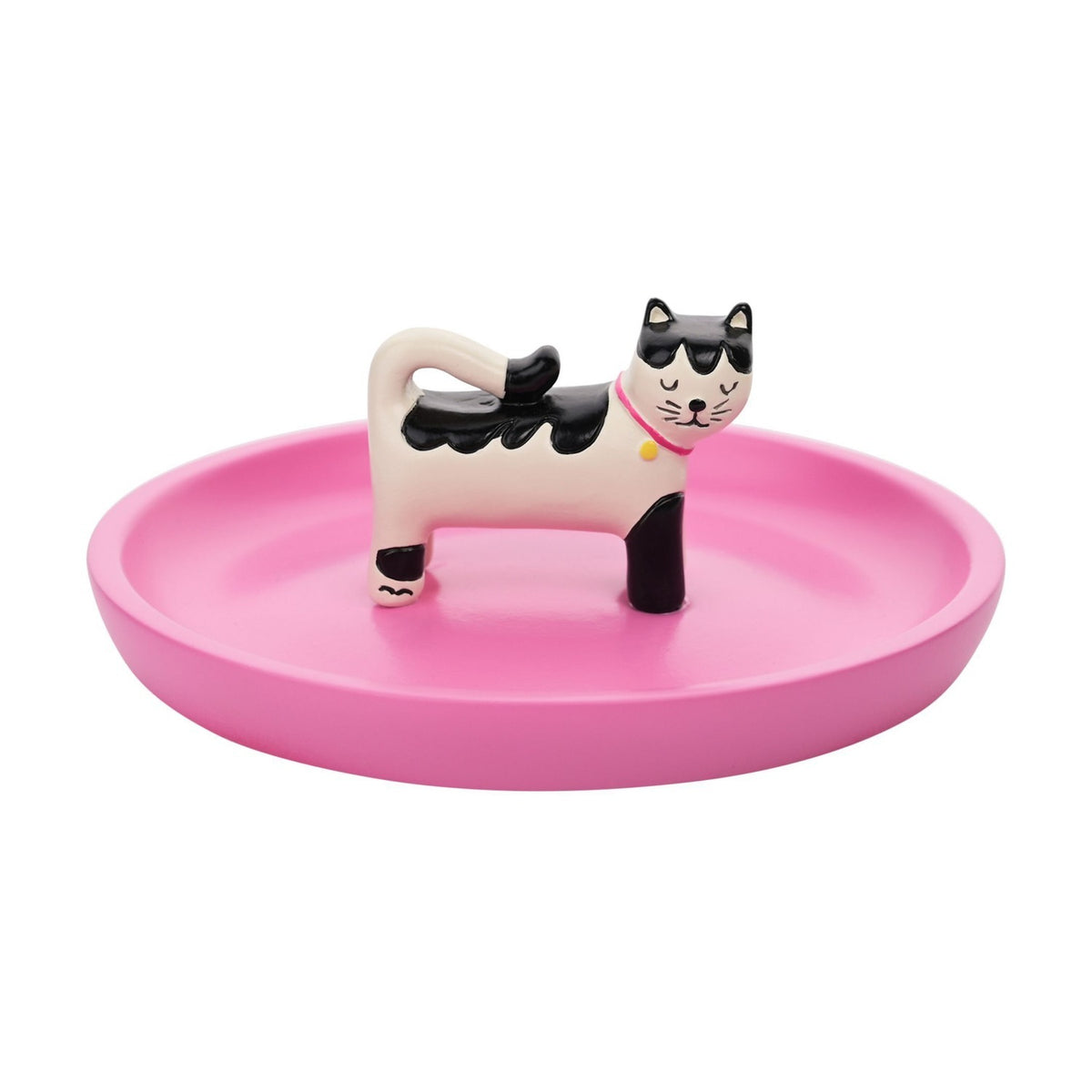 Round Resin Trinket Dish with Black and Cream Cat - Pink