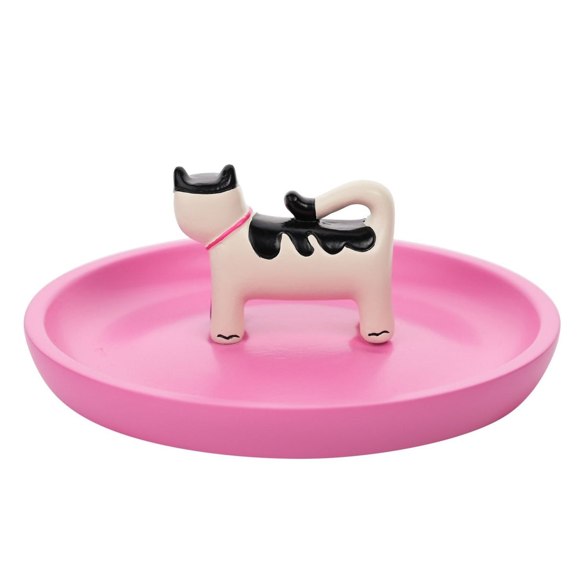 Round Resin Trinket Dish with Black and Cream Cat - Pink