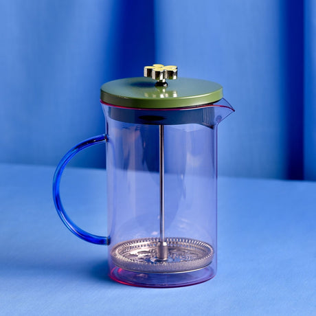 Glass Cafetiere with Blue Handle and Flower Knob - Pink