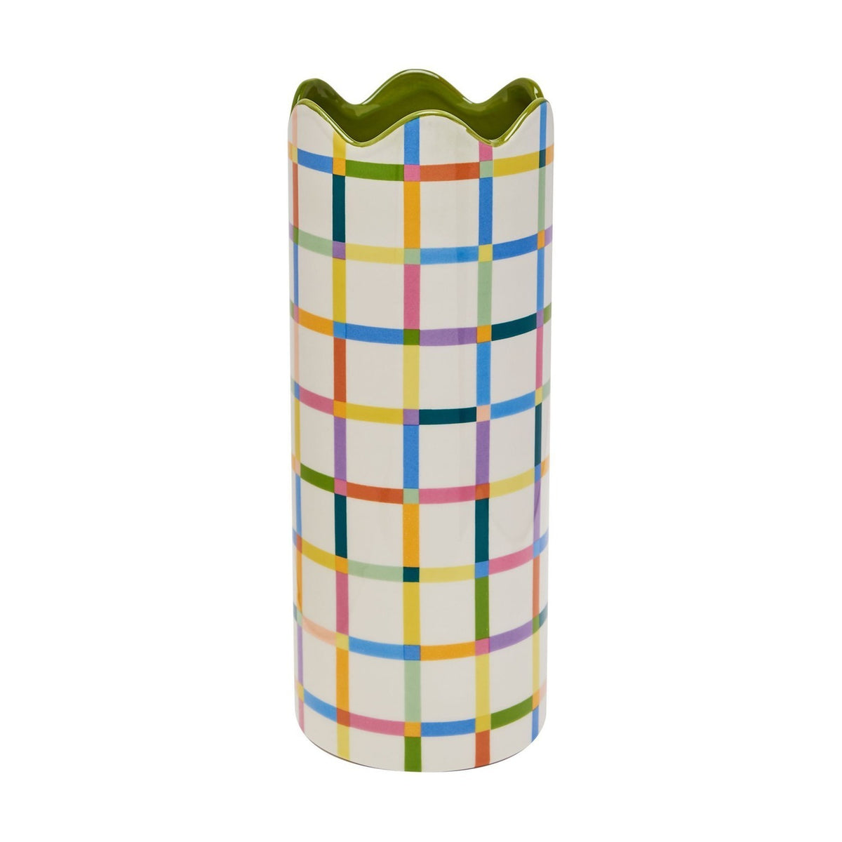 Cylindrical ceramic vase, 25.3cm, with a multicoloured check pattern in blue, pink, orange, green and purple on a cream ground, finished with a wavy green-glazed rim, on a white background.