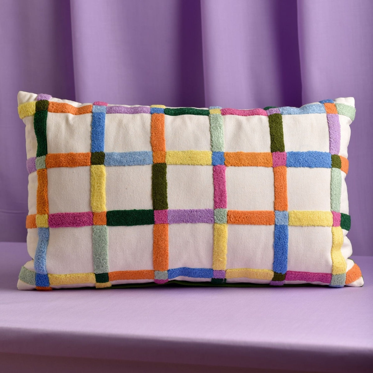 Colourful Check Patterned Rectangular Tufted Cotton Cushion