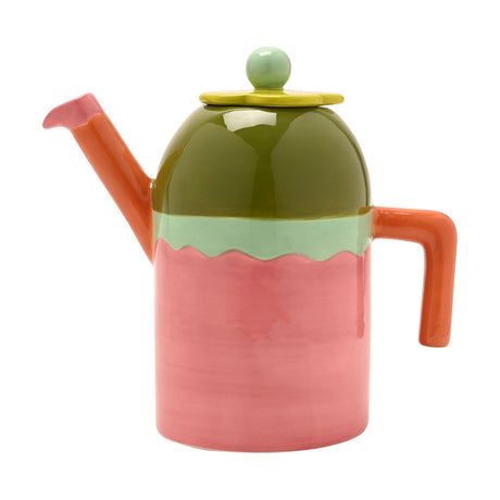 Colour block stoneware teapot with pink body, glossy olive dome, scalloped mint band, flower-shaped yellow-green lid with mint knob, and orange handle and spout, shown on a white background.