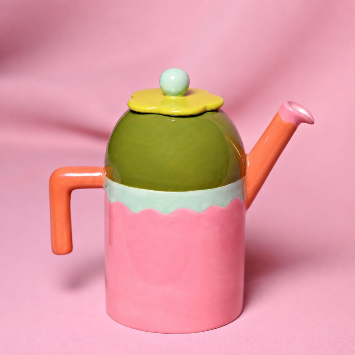 Colour Block Stoneware Teapot with Flower Lid 800ml - Pink