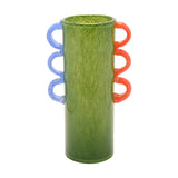 Cylinder Glass Vase with Blue and Coral Wavy Handles - Green