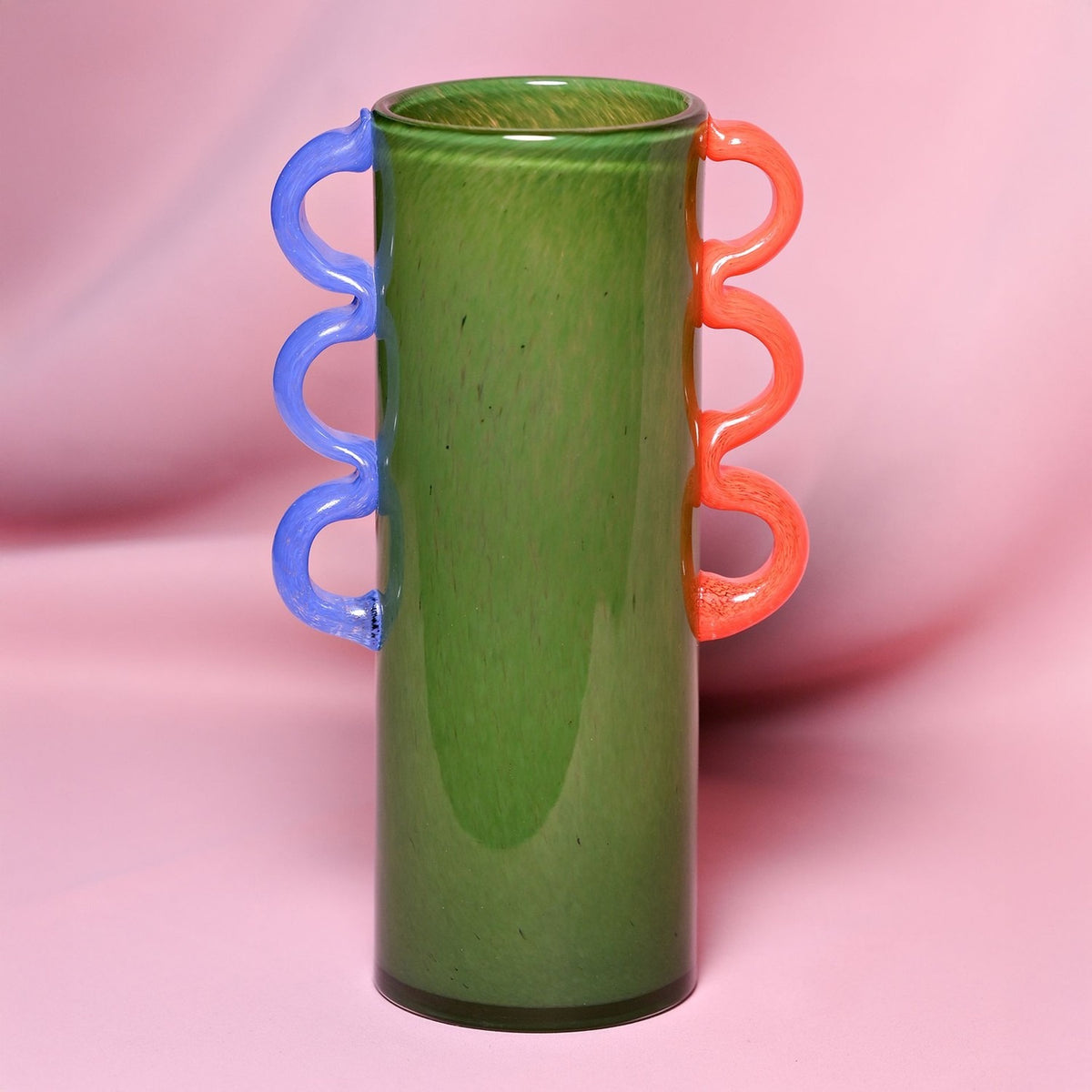 Cylinder Glass Vase with Blue and Coral Wavy Handles - Green