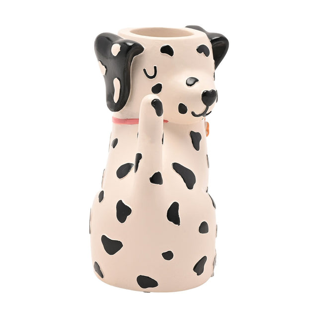 Spotted Dog Resin Matchstick Holder in white with black spots, featuring floppy ears, closed eyes, a pink collar, and a top opening for matches, shown on a plain white background.
