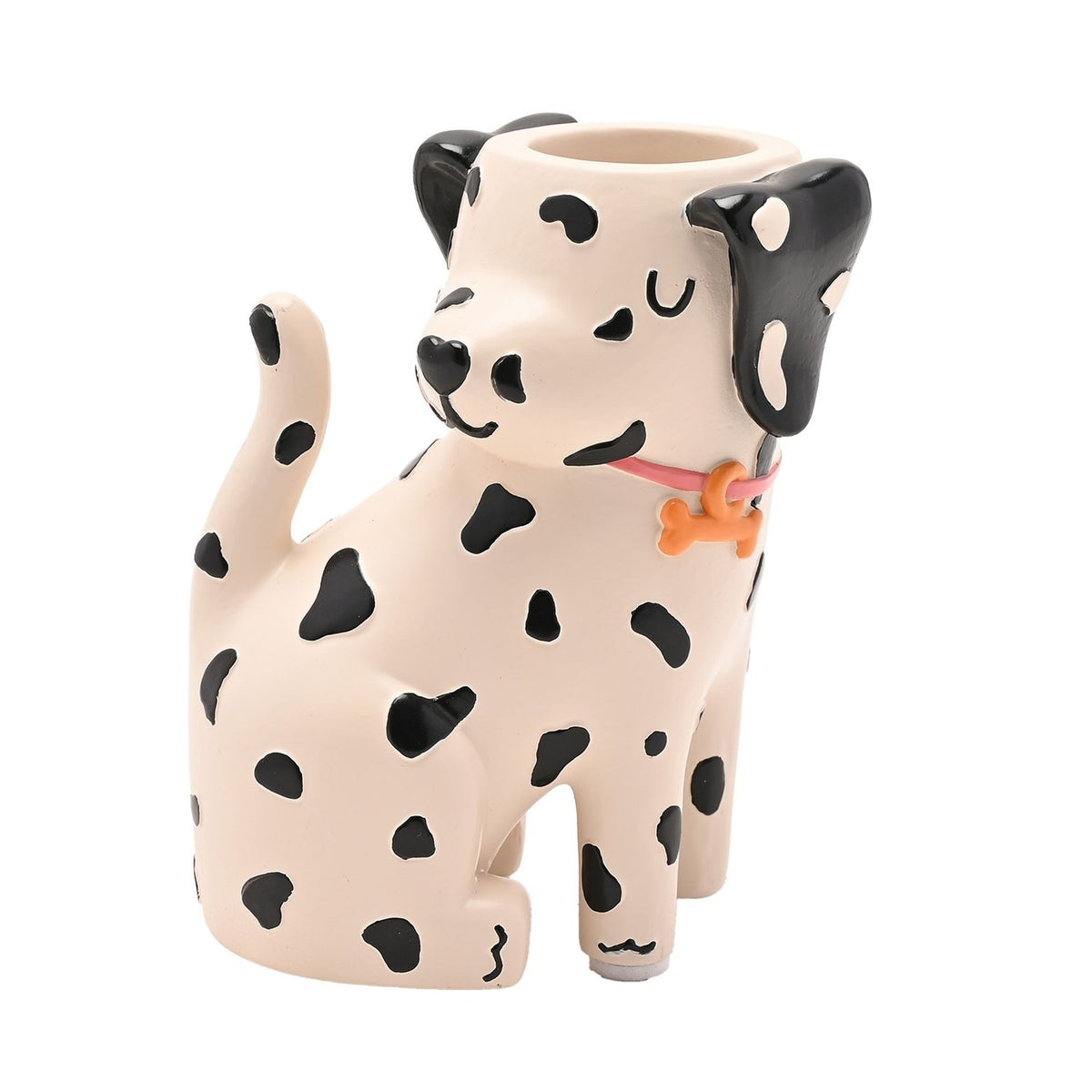 Spotted Dog Resin Matchstick Holder in white with black spots, floppy black ears, closed eyes, a pink collar with orange bone charm, and an opening atop its head, on a plain background.