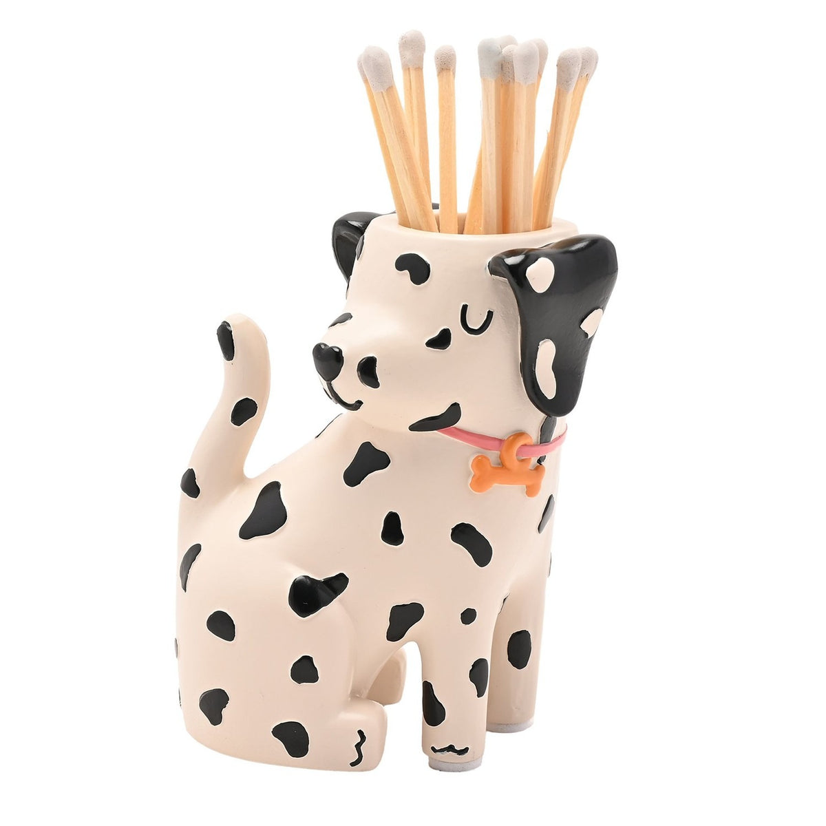 Spotted Dog Resin Matchstick Holder in white with black spots, pink collar and orange bone charm, holding matches in an opening atop its head, on a plain white background.