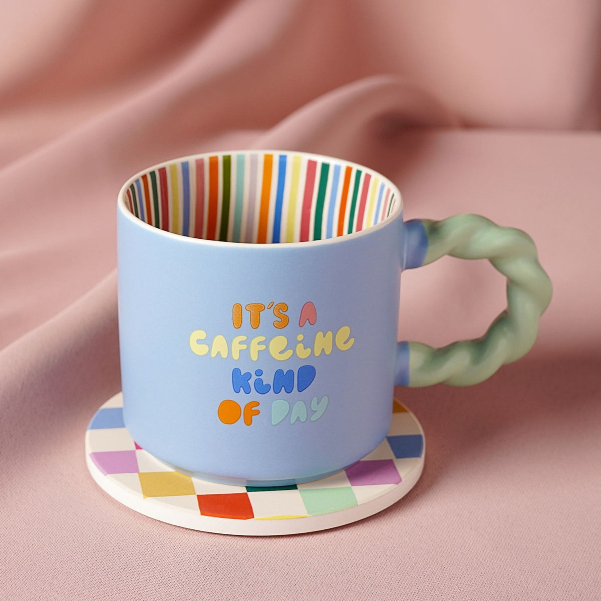It's A Caffeine Kind Of Day Porcelain Mug with Coaster Set - Blue