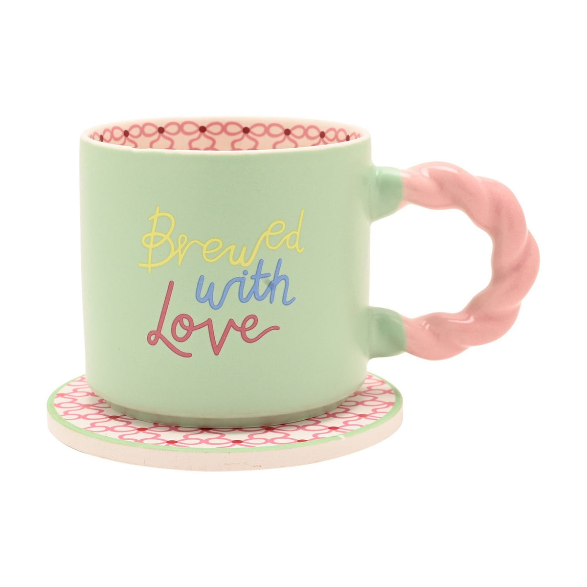 Brewed with Love Porcelain Mug and Round Coaster Set - Green