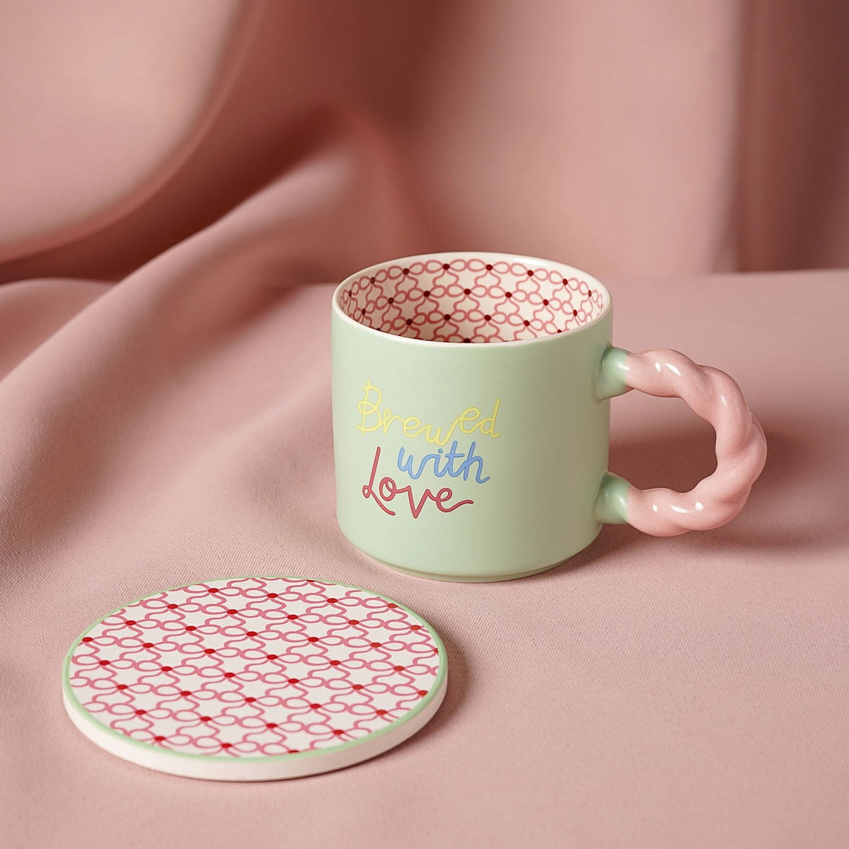 Brewed with Love Porcelain Mug and Round Coaster Set - Green