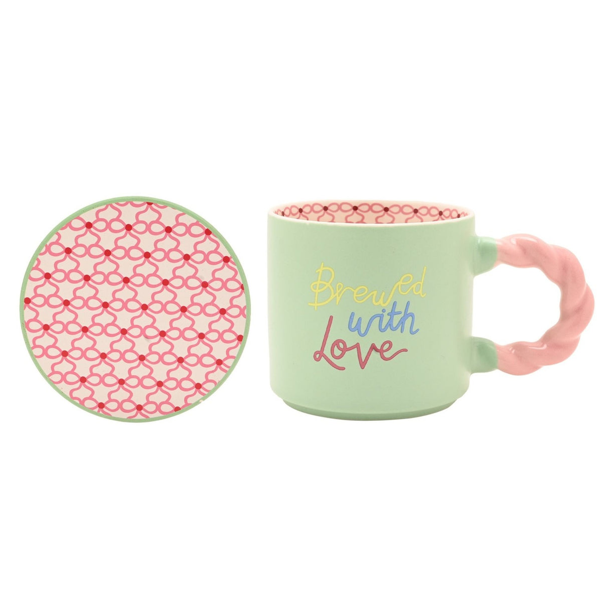 Brewed with Love Porcelain Mug and Round Coaster Set - Green