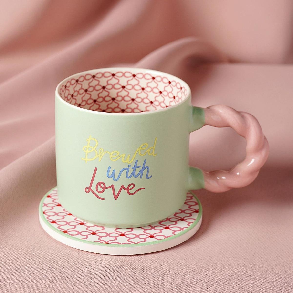 Brewed with Love Porcelain Mug and Round Coaster Set - Green