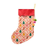 Chequered Gingerbread Print Cotton Stocking with Pompoms