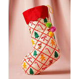 Chequered Gingerbread Print Cotton Stocking with Pompoms