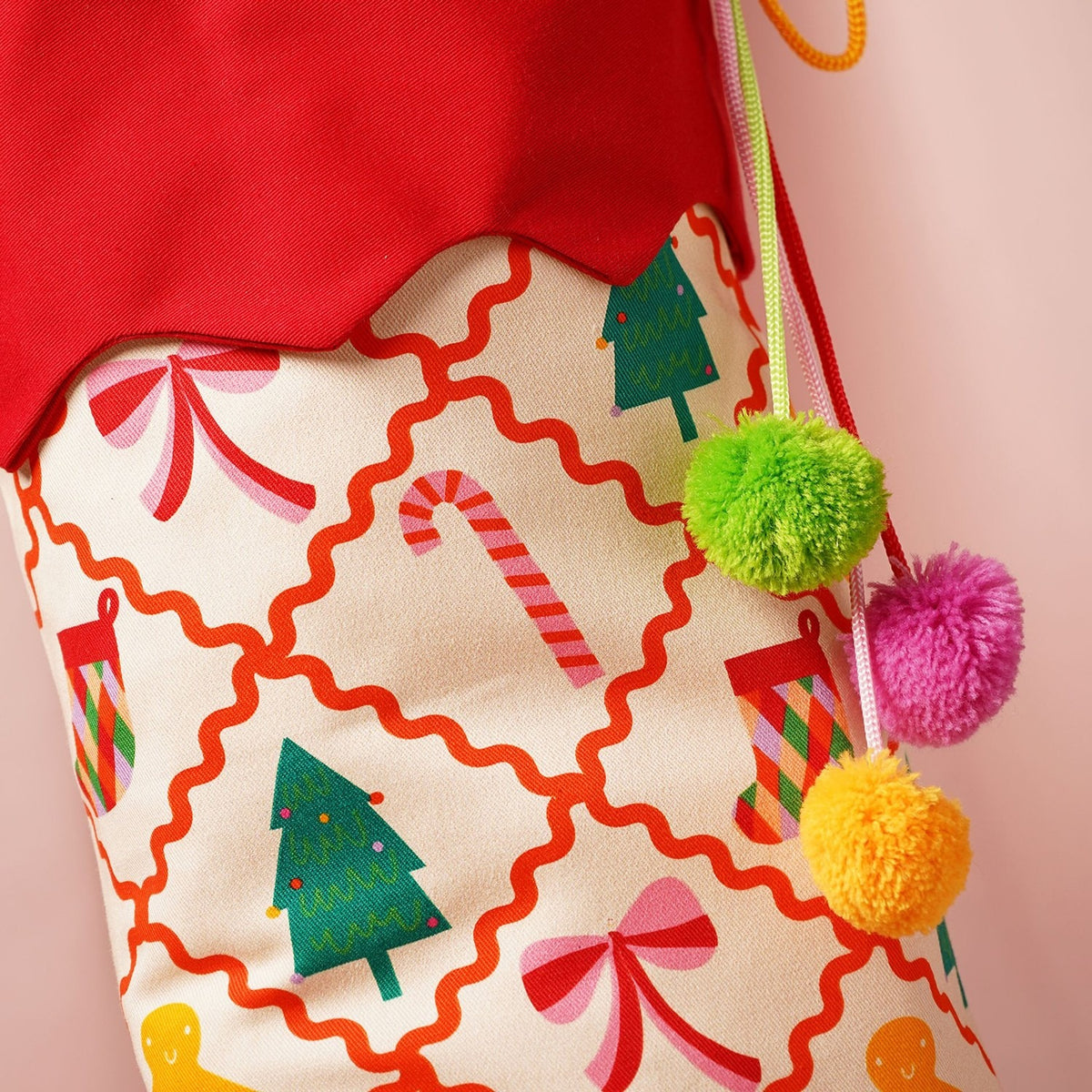 Chequered Gingerbread Print Cotton Stocking with Pompoms