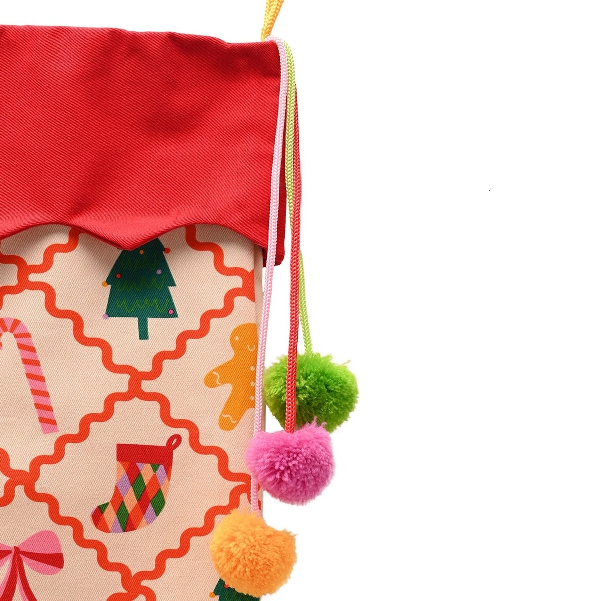 Chequered Gingerbread Print Cotton Stocking with Pompoms