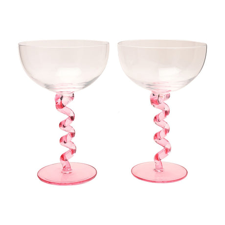 Pair of 300ml champagne coupe glasses with clear, wide bowls on pink spiral wiggle stems and round pink feet, shown on a plain white background.