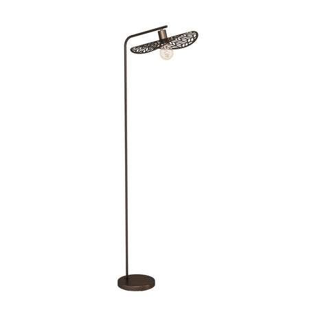 Relvena Floor Lamp in bronze steel with a curved stem, angled arm and wide leaf-patterned shade over an exposed bulb, set on a round base against a plain white background.