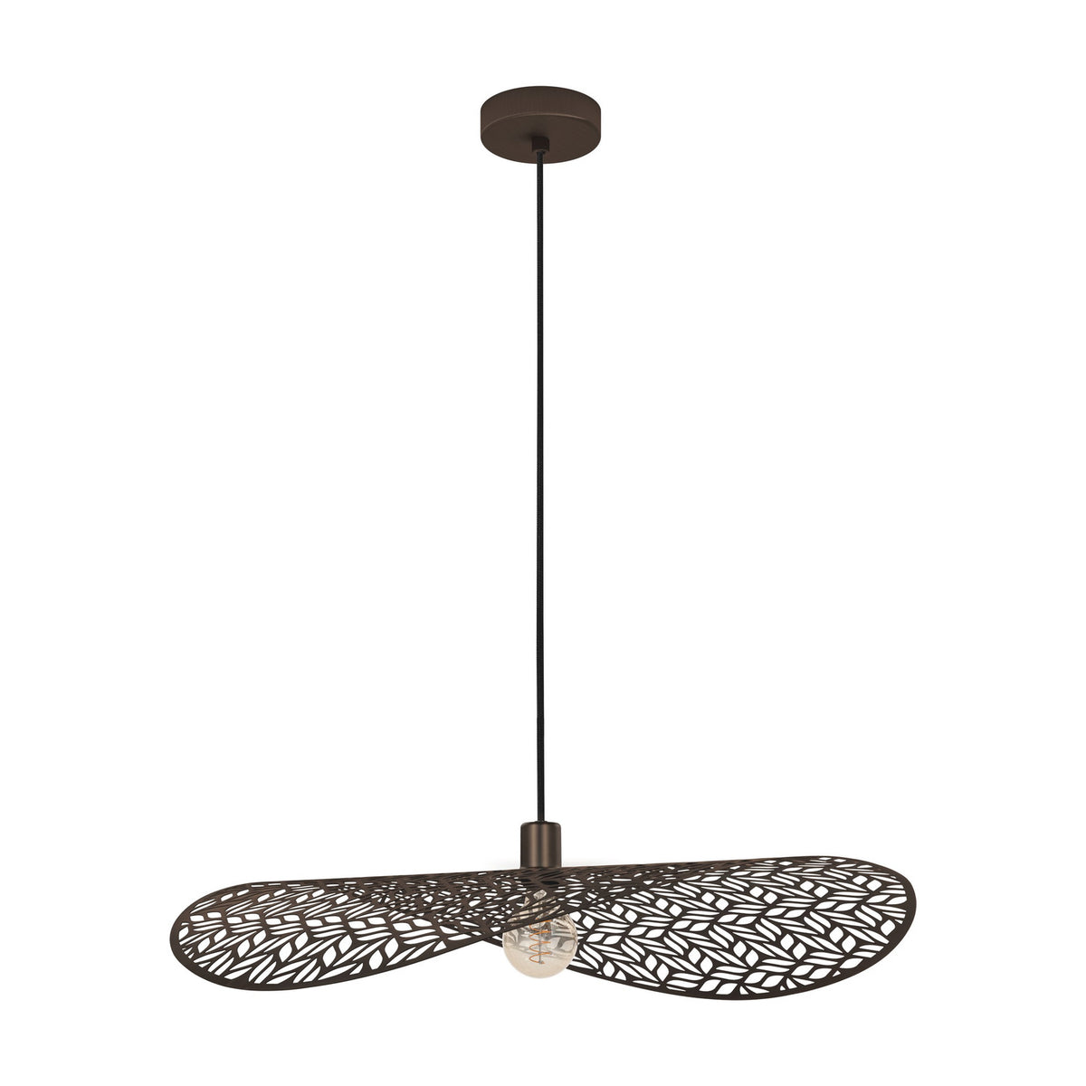 Relvena 80cm bronze steel pendant light with a wavy disc shade and cut-out leaf pattern, hung on a black cord with an exposed bulb, shown on a white background.