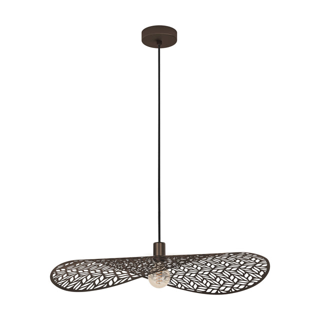Relvena 80cm bronze steel pendant light with a wavy disc shade and cut-out leaf pattern, hung on a black cord with an exposed bulb, shown on a white background.
