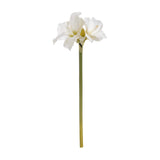 Hill Interiors Classic White Amaryllis faux flower stem with two open trumpet blooms and a tall green stalk on a plain white background.