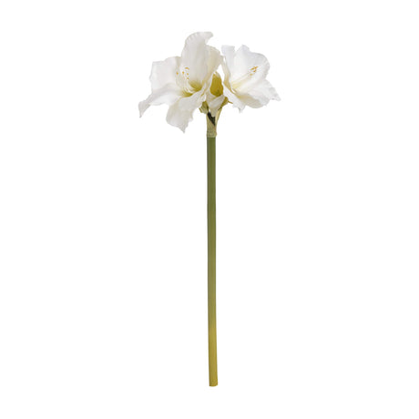 Hill Interiors Classic White Amaryllis faux flower stem with two open trumpet blooms and a tall green stalk on a plain white background.
