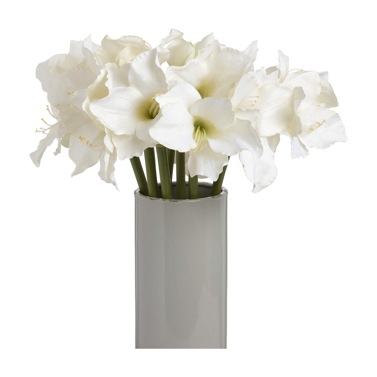 Hill Interiors Classic White Amaryllis faux flower stems with trumpet-shaped white petals and green centres, arranged in a tall white cylindrical vase.
