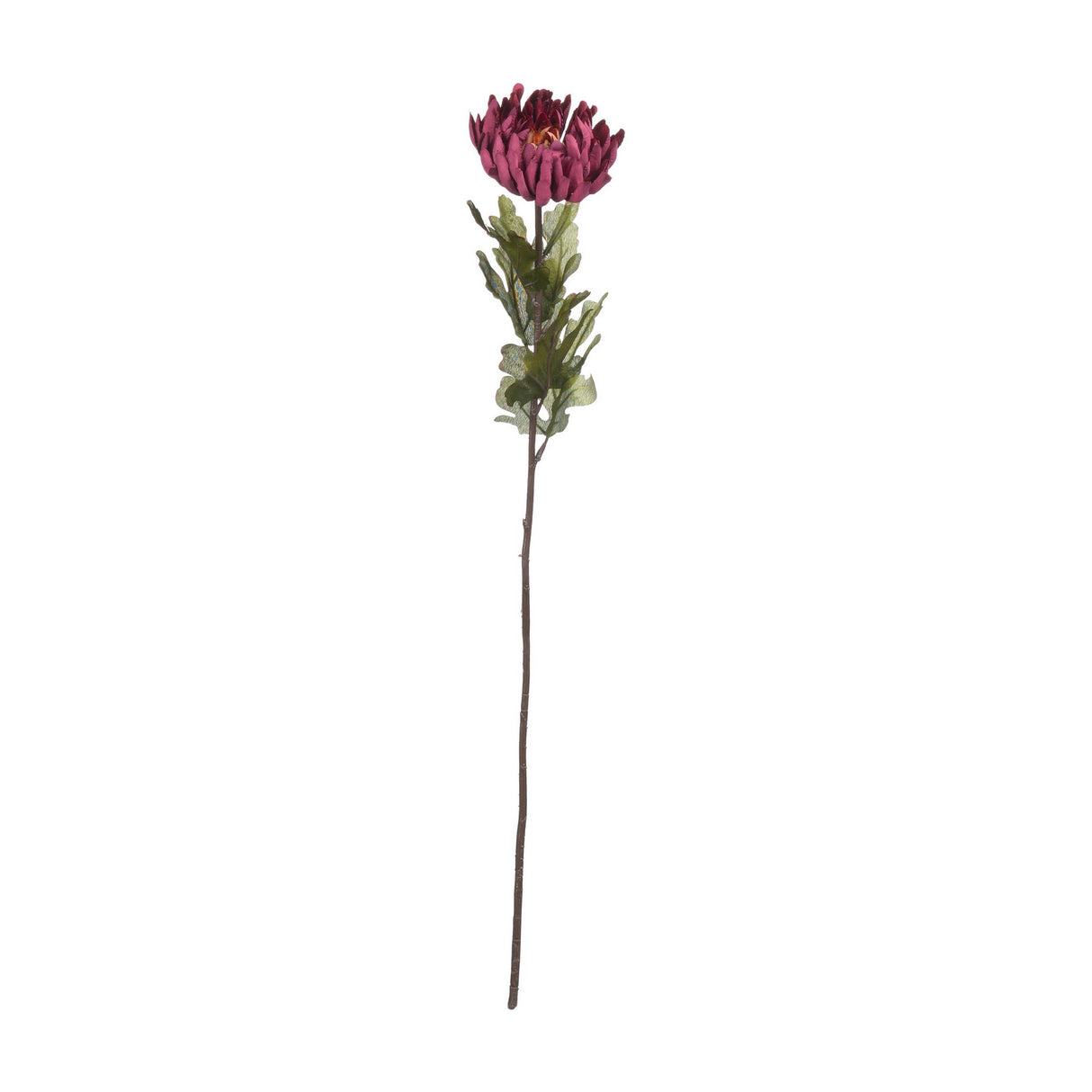 Hill Interiors Autumn Spider Chrysanthemum faux stem with a full purple bloom and green foliage on a tall bendable stem, shown on a white background.