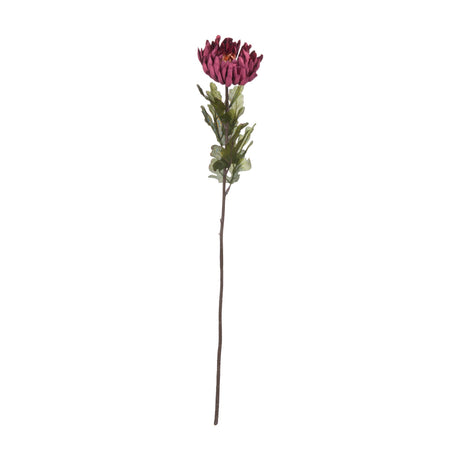 Hill Interiors Autumn Spider Chrysanthemum faux stem with a full purple bloom and green foliage on a tall bendable stem, shown on a white background.