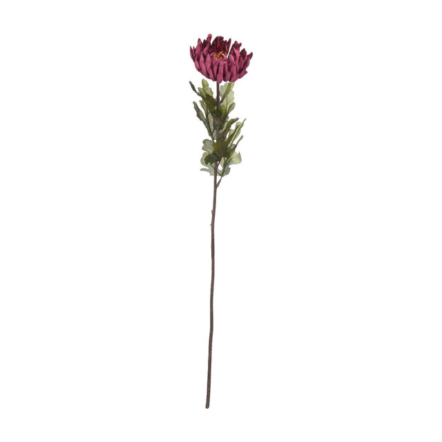 Hill Interiors Autumn Spider Chrysanthemum faux stem with a full purple bloom and green foliage on a tall bendable stem, shown on a white background.