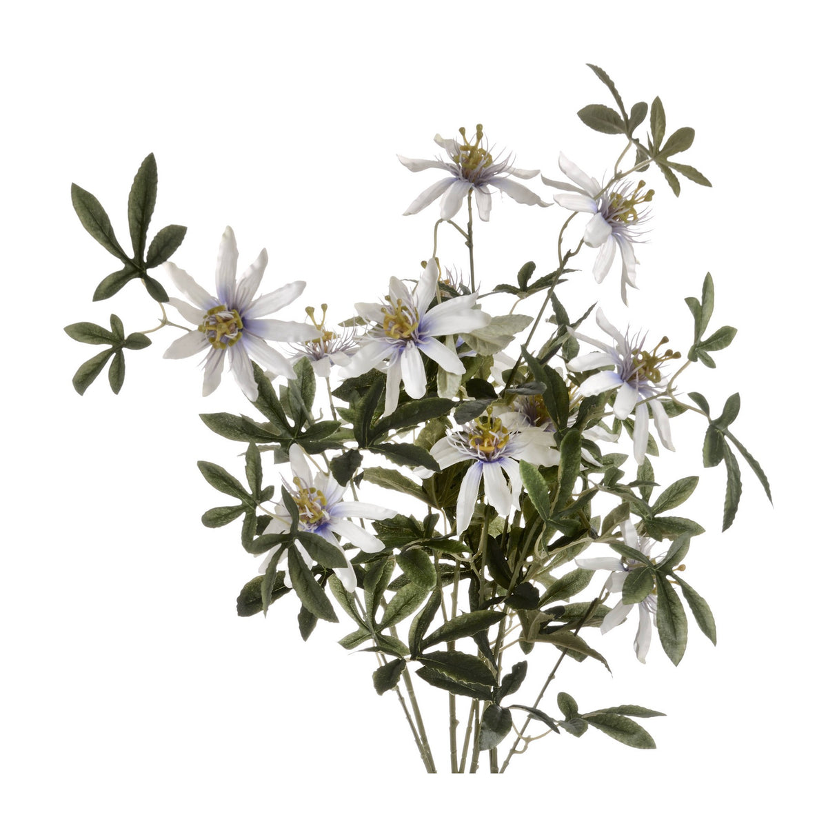 Hill Interiors Passion Flower Spray with white blooms, yellow centres and green foliage on tall plastic stems, shown against a plain white background.