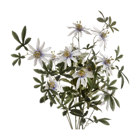 Hill Interiors Passion Flower Spray with white blooms, yellow centres and green foliage on tall plastic stems, shown against a plain white background.