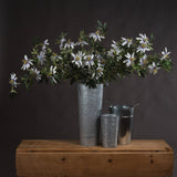 Hill Interiors Passion Flower Spray with white blooms and green foliage arranged in a tall galvanised metal vase on a wooden chest.
