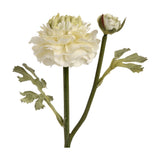 Hill Interiors Green Ranunculus Spray faux stem with a ruffled cream-green bloom, small bud and textured leaves on a wired stem, on a white background.