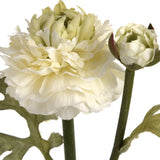 Close-up of Hill Interiors Green Ranunculus Spray showing layered pale green ruffled petals, a smaller bud, and slim green stems on a white background.